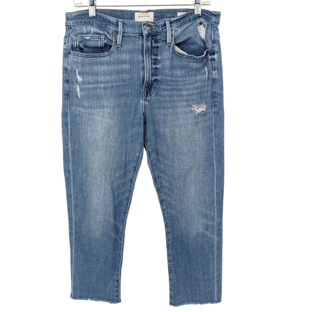 FRAME Le Beau Crop Jeans Womens 28 Blue Distressed Button Fly Stretch Normcore